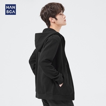 Hanska spring new Huffglian hat sweatshirt for men 100 hitch Han version student loose black cardiovert jacket