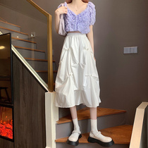 Pearl white skirt womens irregular mid-length 2021 new high-waist a-line crotch large skirt design sense