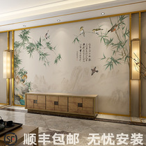 New Chinese bamboo flowers and birds sofa living room bedside film and television seamless background wall mural TV background wallpaper Wall cloth