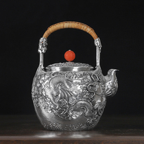 Pure silver lifting beam silver pot Double Dragon play beads foot silver lifting beam pot pure handmade foot silver 999 boiled water silver pot