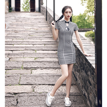 Black and white plaid cheongsam short summer 2021 new young girl retro little improved dress