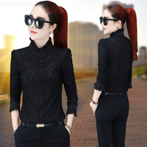 Black Lace base shirt Female Collar 2021 Autumn New Joker Plus Velvet Thickened Mesh