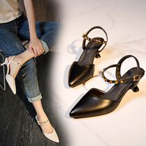 Word for word with high heel sandals Summer sandals women 21 tides new Korean version small heel leather shoes fashion 100 hitch heel with Baotou shoes