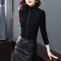 High collar gold velvet base shirt womens 2021 autumn and winter new style inside the Western style black long-sleeved top plus velvet t-shirt women