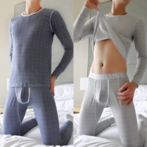 Mens thermal underwear cotton thin suit autumn and winter youth trend plaid bottoming slim boys autumn clothes and long pants