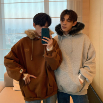 Hualun homemade autumn and winter personalized hair collar couples sweater men and women hooded plus velvet loose Korean version of ins trend