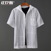 Even hat tether rope day system pure linen shirt male short sleeve loose breathable pure hemp material with cap lined with hood inch-shirt E