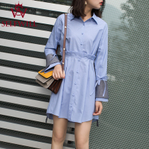 Special 22 years of spring fresh and reduced age waist pressure pleats lace trumpeter sleeves buttoned with shirt-style one-piece dress