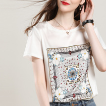 Heavy silk T-shirt short sleeve vest female mulberry silk stitching cotton print round neck loose top 20 summer New