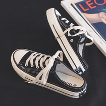 2020 Summer new black canvas shoes female Korean version of all-drag students white breathable heel lazy shoes