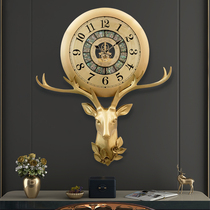 Light luxury modern pure brass clock living room wall clock European and American Villa deer head hanging watch creative decoration clock Wall