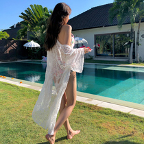 Sunscreen clothing Womens embroidered shawl thin coat vacation seaside beach sunscreen clothing Womens medium and long lace swimsuit cardigan