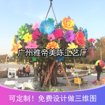 Spring event outdoor landscaped holiday decorations with large luminous thyme GRP flowers sculptures