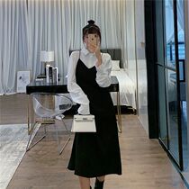 High-neck long-sleeved goddess fan suit top over-the-knee suspender dress Playful temperament fan long skirt two-piece ins