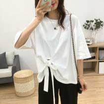 Japanese 2020 summer new irregular short-sleeved age-reducing lace-up bow T-shirt top women loose and thin