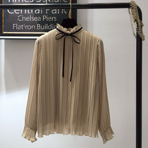 Korean shirt long sleeve female Spring and Autumn New temperament Joker loose bow pleated collar chiffon shirt