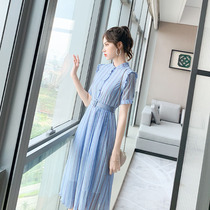  Chiffon blue striped dress 2021 new female summer French spring dress waist thin temperament long skirt spring