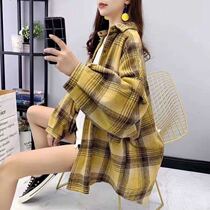 Retro plaid long-sleeved POLO collar blouses Fall new Korean version of womens clothing art loose 100 hitch overfire shirt woman