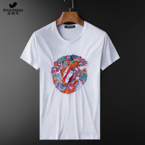 Fugui bird short sleeve T-shirt mens boarder personality embroidered white blouses with a new trend handsome and half sleeves