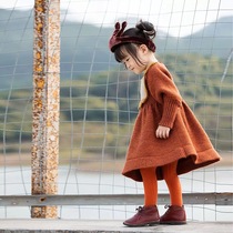 Mobao childrens clothing autumn and winter thick girls caramel color lace collar wool dress female treasure long sleeve knitted Princess dress