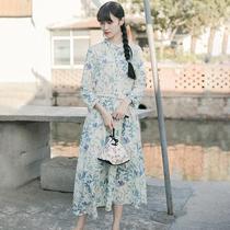 B Mo print dress literary vintage nine-point sleeve NP spring and autumn 2019 new cotton Womens UR dress waist slim skirt