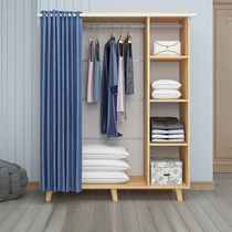 Simple wardrobe Modern simple curtain door household economic solid wood wardrobe rental room Bedroom dormitory cabinet