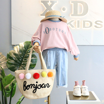 Korean childrens clothing 2019 new womens clothing small casual color design letter wide version bat shoulder sweater