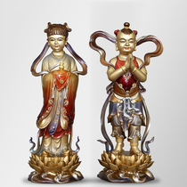 Taiwan pure copper painted golden boy Jade female Buddha statue Shouyin left and right Guardian statue home ornaments