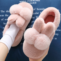 Girl heart cotton slippers female cute Korean version of rabbit hair ball warm plush with heel bag heel moon shoes winter