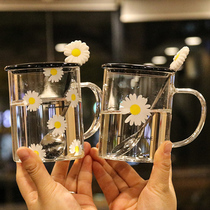 Small daisy water cup Fresh and simple net red glass with lid spoon Korean ins breakfast milk cup Forest cup