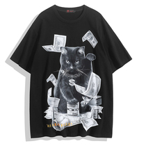 Trend Dark Black Cartoon Fortune Cat Personality Meow Martian printed loose round collar T-shirt regardless of male and female summer clothing