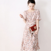 Japanese womens elegant feminine floral dress 2019 spring and summer new thin print small a skirt show temperament