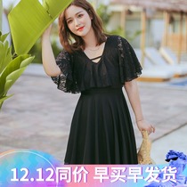 Black sexy large size swimsuit female fat mm200 kg thin belly covered slim short sleeve meat conservative hot spring swimsuit