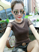 Hong Kong 2021 Summer Dress New Sexy Hollowed-out T-shirt Woman Short Sleeve Fix 100 lap mesh yarn Undershirt Foreign Air Blouse