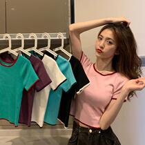 Summer 2021 New Net red color color round neck short sleeve purple sweater womens short base shirt bm style top