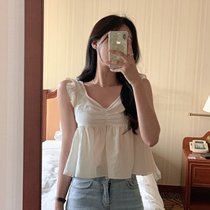 South Korea Secondesecon Pellet 6 Female Summer Sweet Beauty Doll V Collar Folds High Waist Sleeveless Harnesses