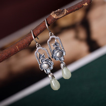Xi Vegetarian Pure Silver Retro Earrings Made Old Hollowed-out Carved Flowers of rich and expensive Peony Peony Flowers National Windy and Elegant Silver Earrings