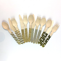 Disposable environmentally friendly high-end wooden bronzing knife fork and spoon Western dessert cake fruit ice cream jelly picnic set