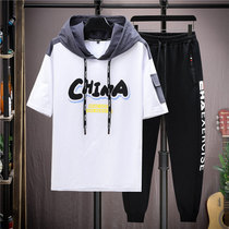 Teenager hooded short-sleeved T-shirt mens summer suit high school junior high school student boy Korean handsome big boy summer dress