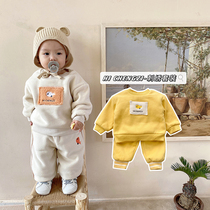 ins childrens clothing autumn and winter Korean childrens suit plus Velvet Baby sports sweater pants two-piece set outside clothing winter