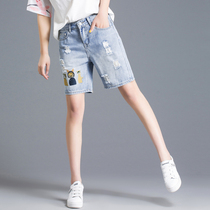 Tide brand embroidered denim shorts womens 2021 new summer high waist loose five-point pants light color hole straight tube middle pants