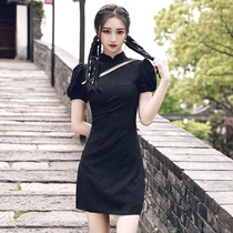 Black cheongsam 2021 new summer young girl modified dress small short French retro