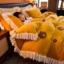 Thickened and velvety milk flannel bed with four pieces of winter bifacial crystal coral suede bed linen quilt cover