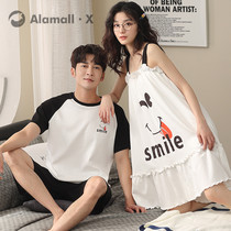 Couples pajamas womens cartoon slip nightdress summer thin mens crewneck cotton casual loose homewear set