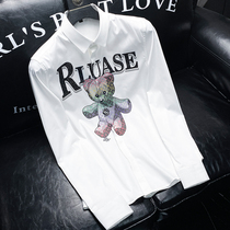 European Station Light Extravagant White Advanced Sensual Printed Shirt Male long sleeves Tide Card Fashion Bronzed and Casual Shirt Man