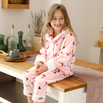 Childrens coral velvet pajamas autumn and winter girls flannel little girl middle-aged childrens home clothing set thickened winter