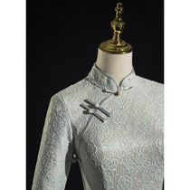 Green lace cheongsam women 2021 New retro temperament long modified version mid-sleeve elegant dress autumn