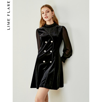 Rhine autumn velvet long sleeve dress female high-end French retro temperament little black dress design sense base skirt