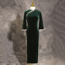 Dark green cheongsam 2021 new improved version inverted big sleeve retro Chinese velvet dress long autumn