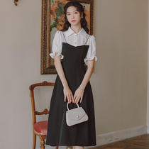 Summer fake two-piece black dress Women summer 2021 New French girl waist skirt long skirt